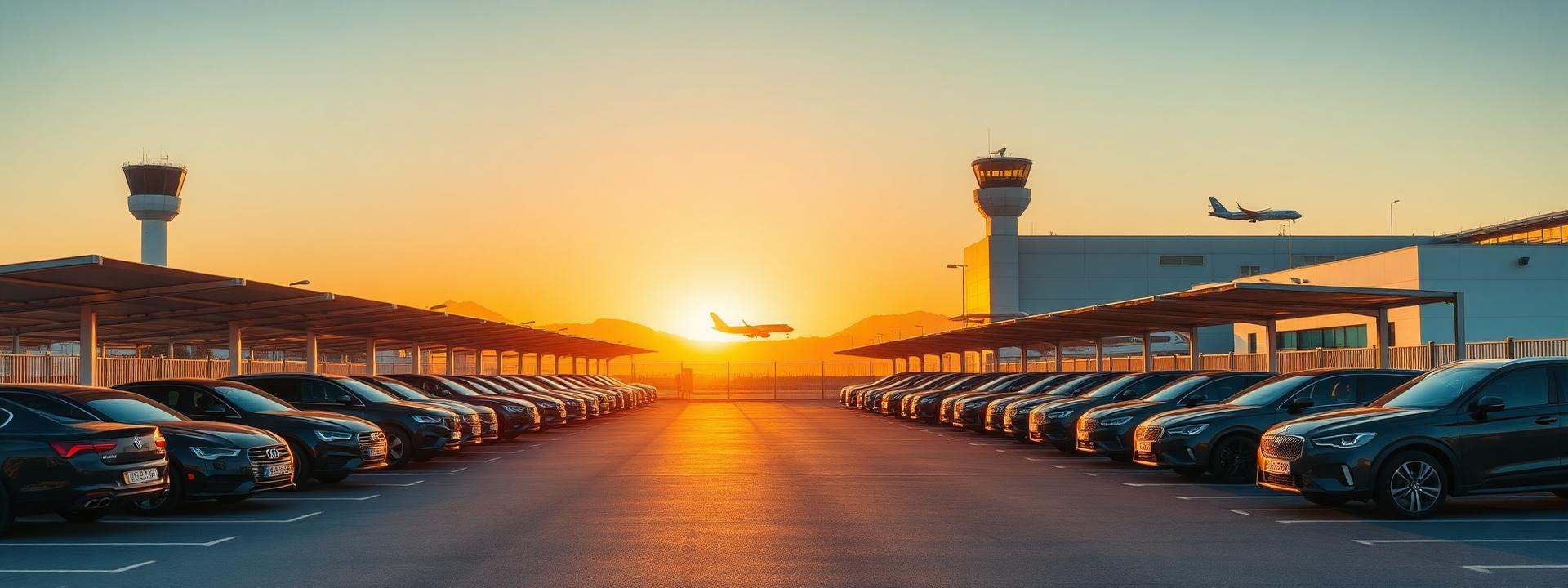 Parking exterior vigilado de AeroPark Málaga con el Aeropuerto de Málaga al fondo